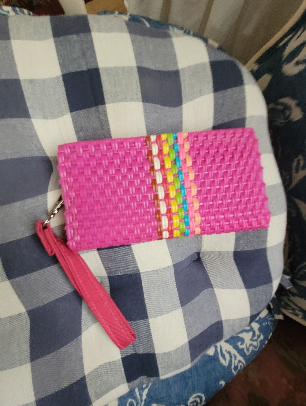 Hot Pink Woven Wristlet Clutch with Multicolor Accent